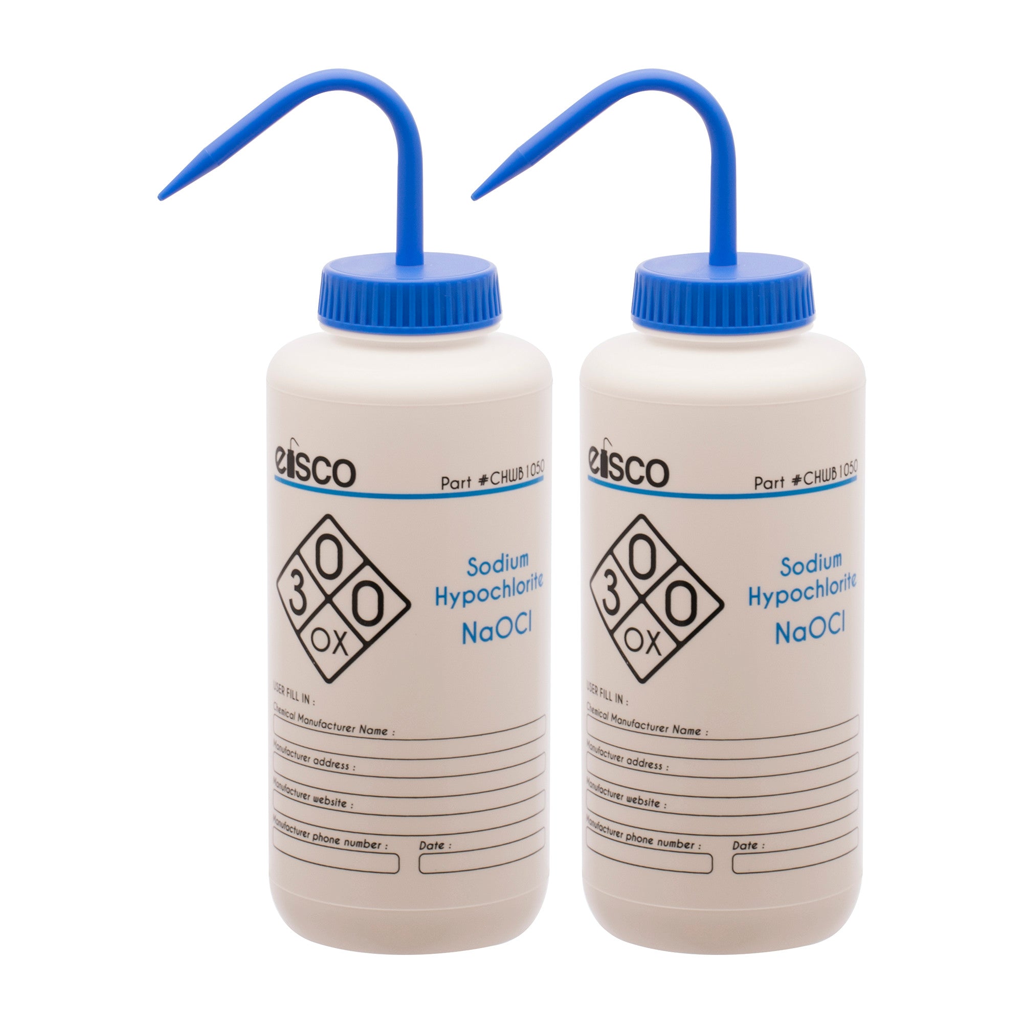 Sodium Hypochlorite (Bleach) Wash Bottle, LDPE, 2-Color Label, 1000mL