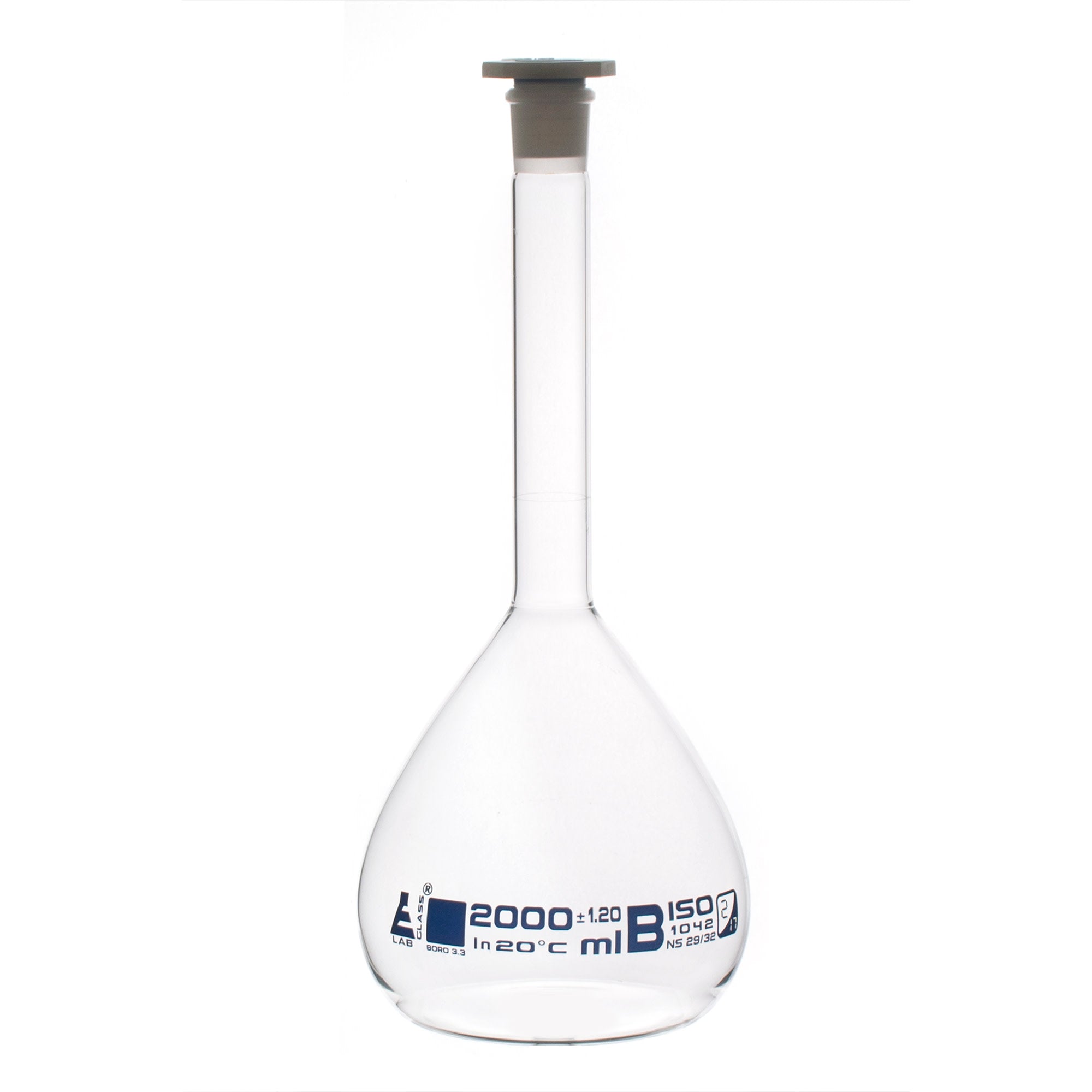 Class B Borosilicate Glass Volumetric Flask with Polyethylene Stopper, Blue Graduations