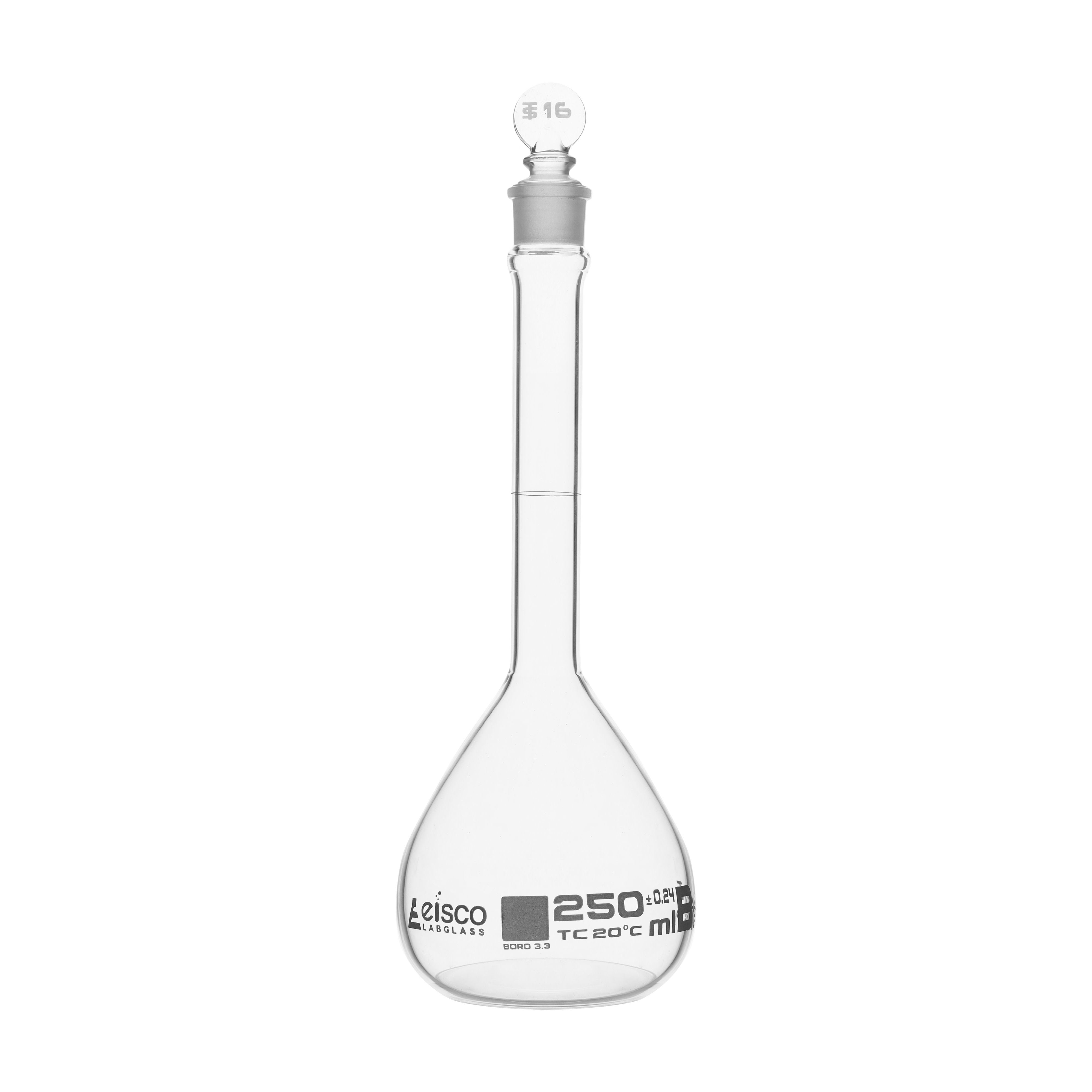 ASTM Class B Borosilicate Glass Volumetric Flask with Glass Stopper, White Graduations