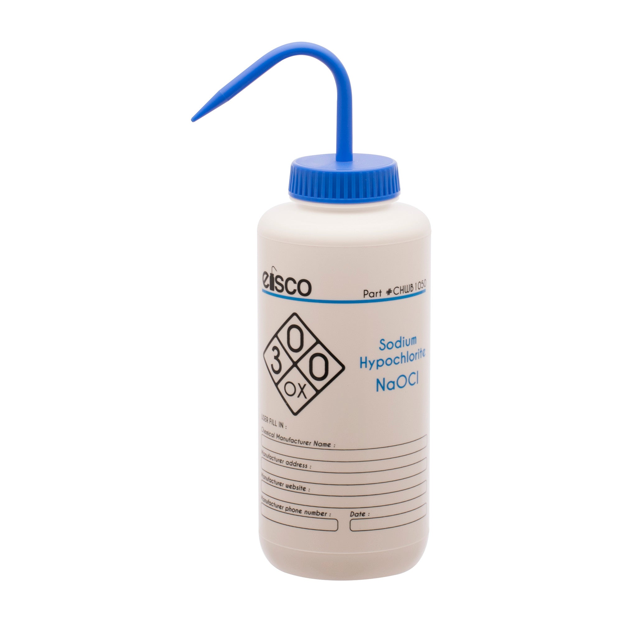 Sodium Hypochlorite (Bleach) Wash Bottle, LDPE, 2-Color Label, 1000mL