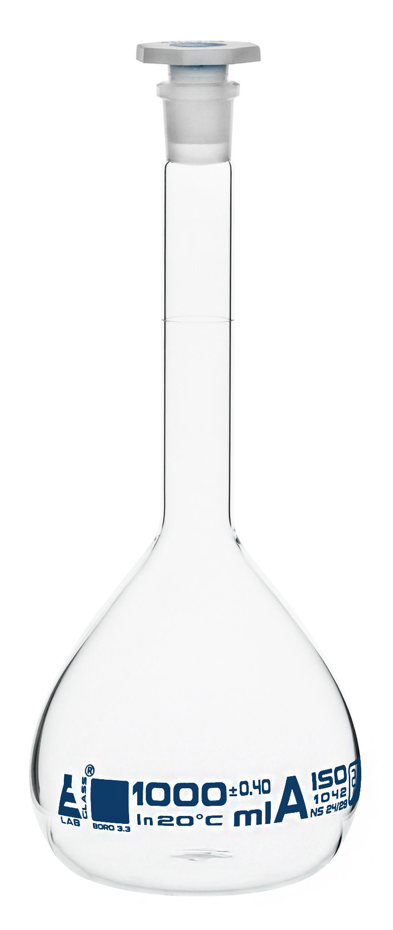 Class A Borosilicate Glass Volumetric Flask with Individual Certificate, White Graduations