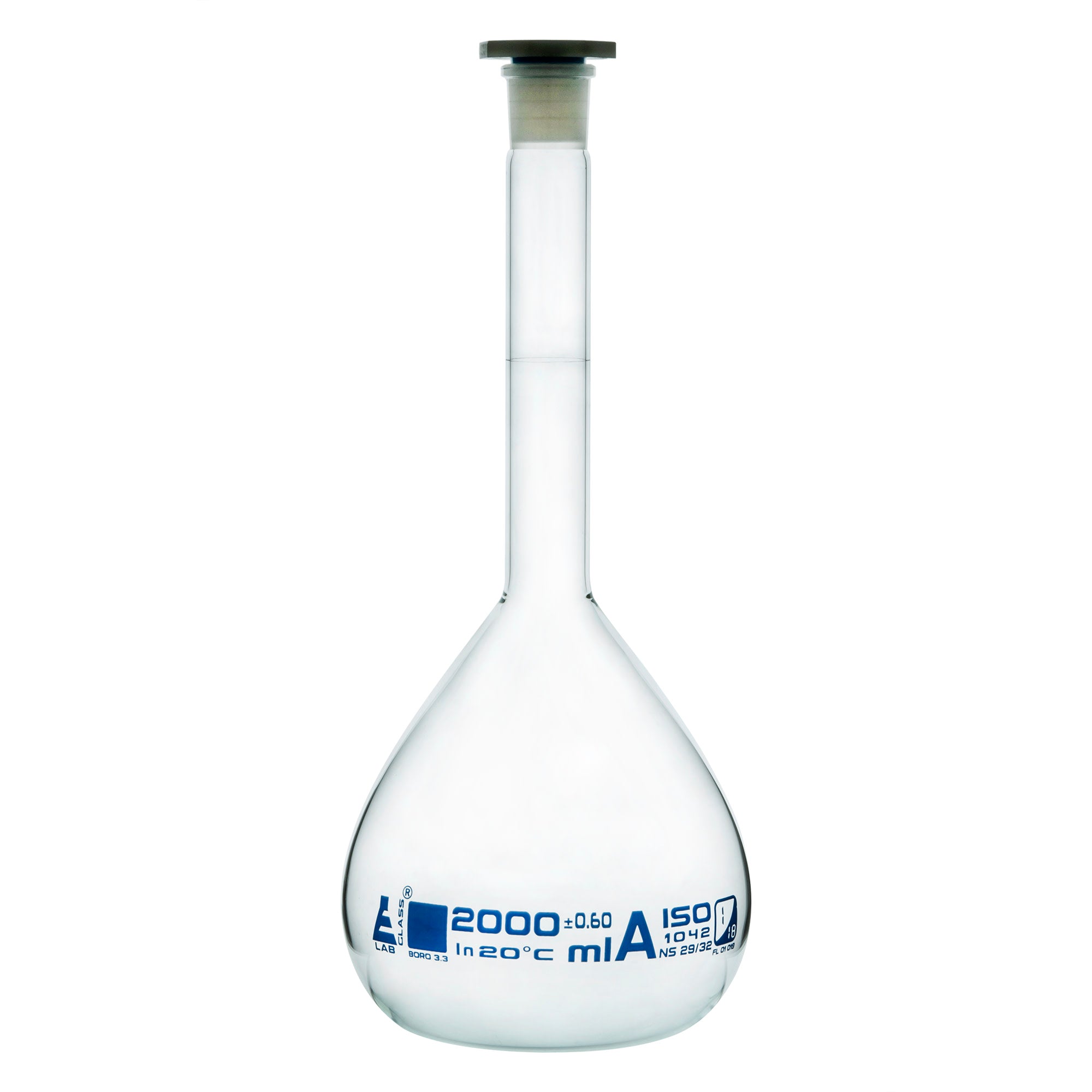 Class A Borosilicate Glass Volumetric Flask with Polyethylene Stopper, Blue Graduations