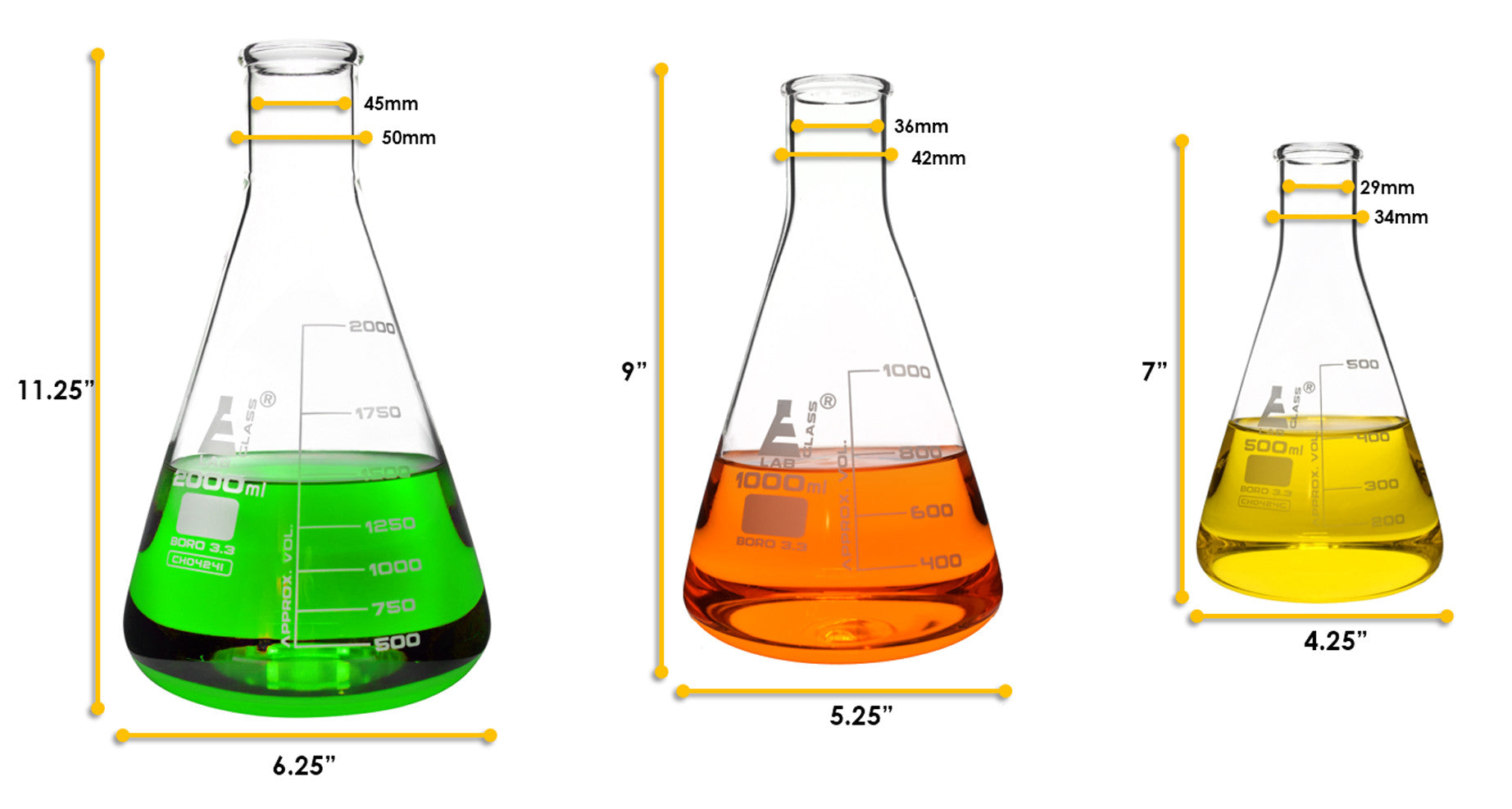 3-Piece Premium Narrow Neck Erlenmeyer Flask Set, 500/1000/2000mL, White Graduations, Borosilicate 3.3 Glass