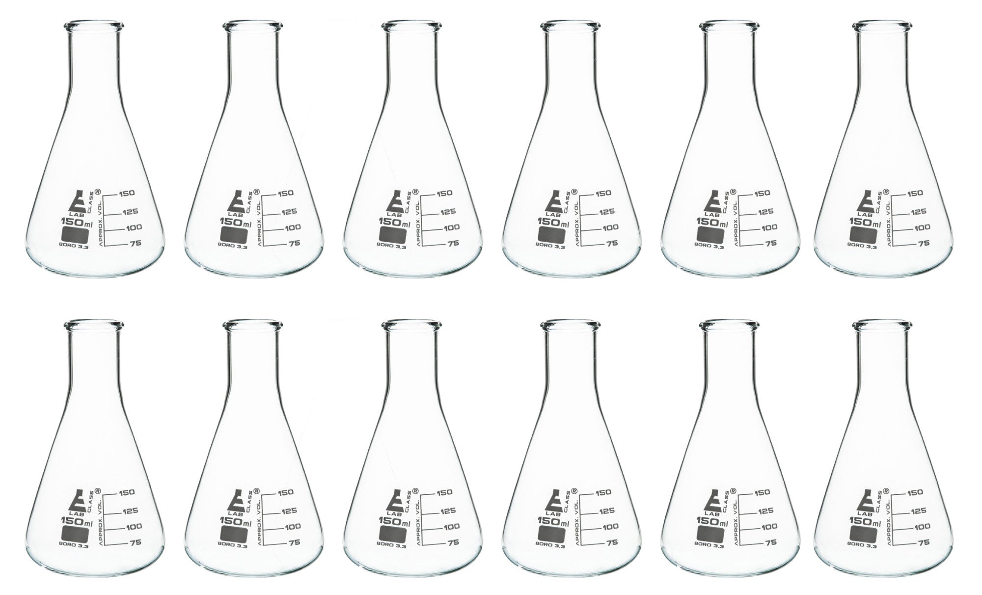 12-Pack Narrow Neck Erlenmeyer Flasks, 150mL, White Graduations, Borosilicate Glass