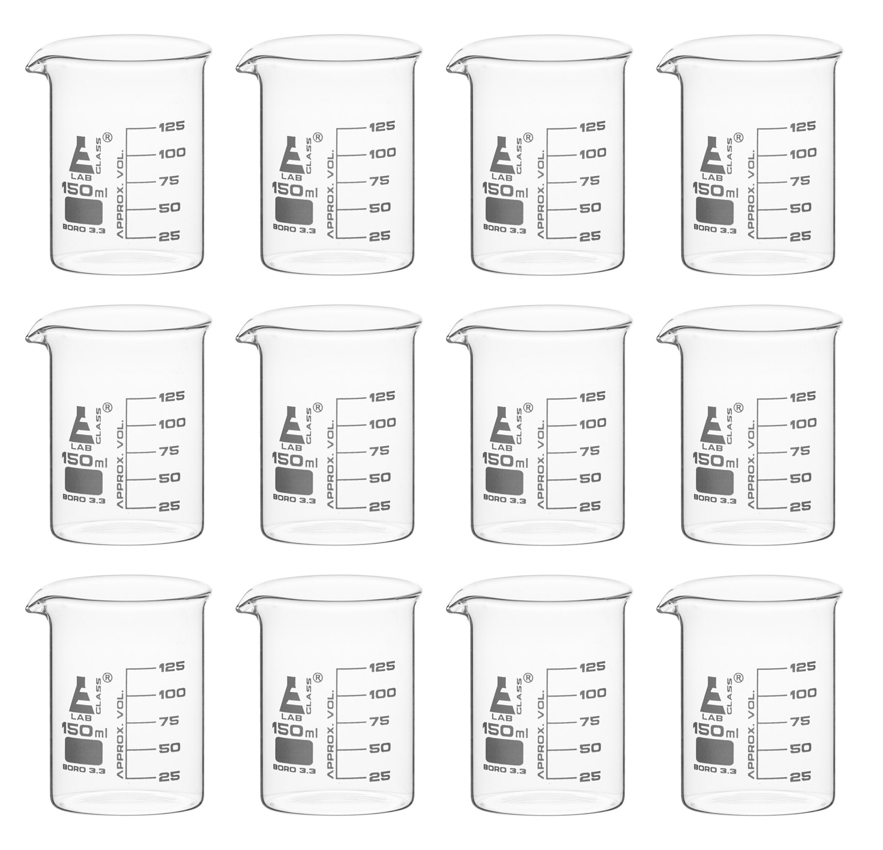 Low Form Borosilicate Glass Beaker with Spout, 12-Pack