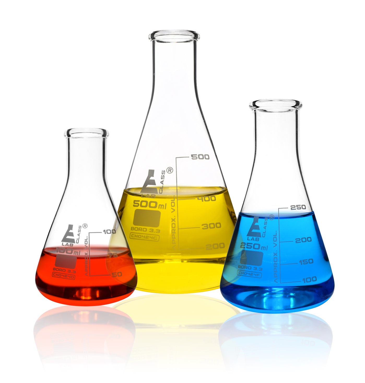 3-Piece Premium Narrow Neck Erlenmeyer Flask Set, 100/250/500mL, White Graduations, Borosilicate 3.3 Glass