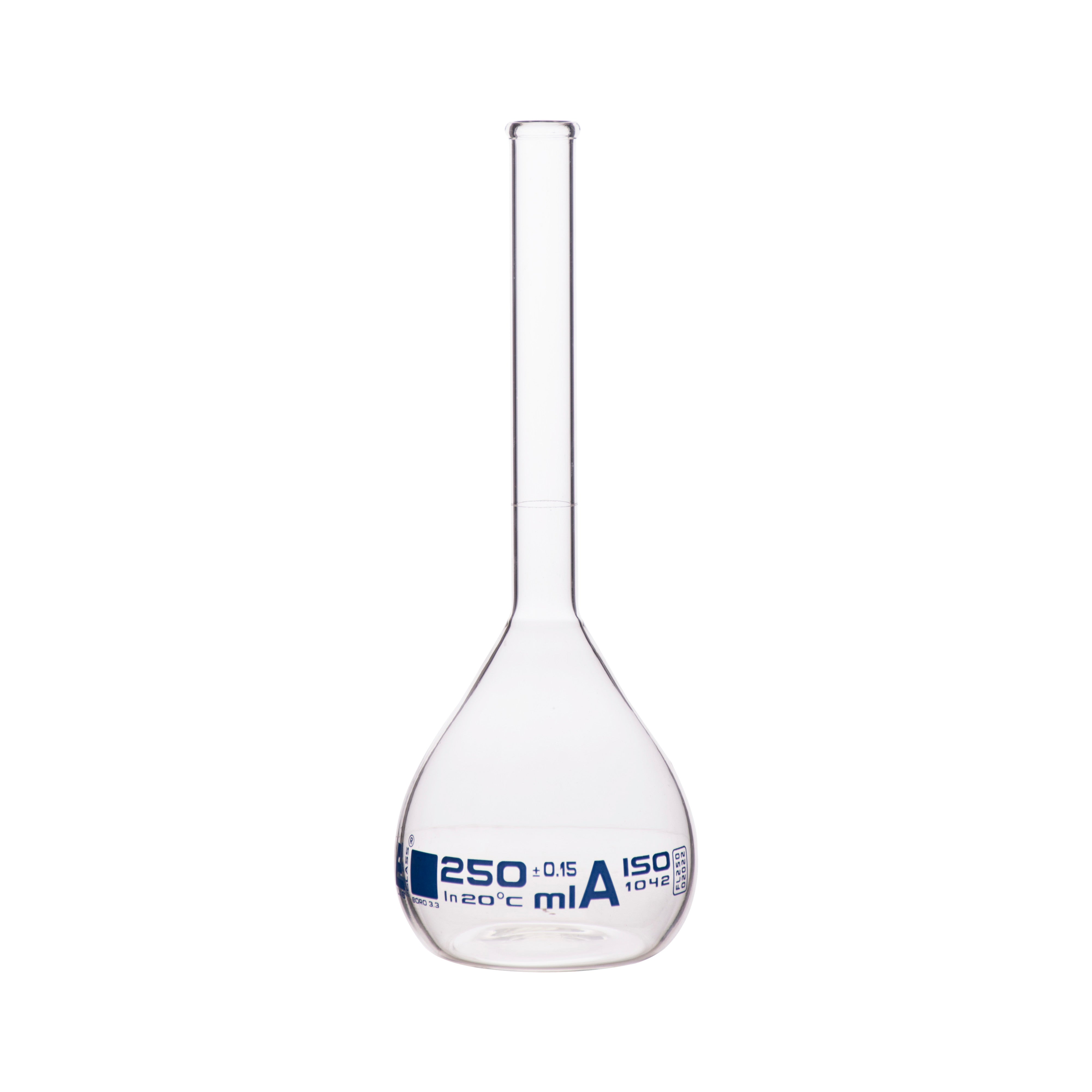 Class A Borosilicate Glass Volumetric Flask with Beaded Rim, Blue Graduations