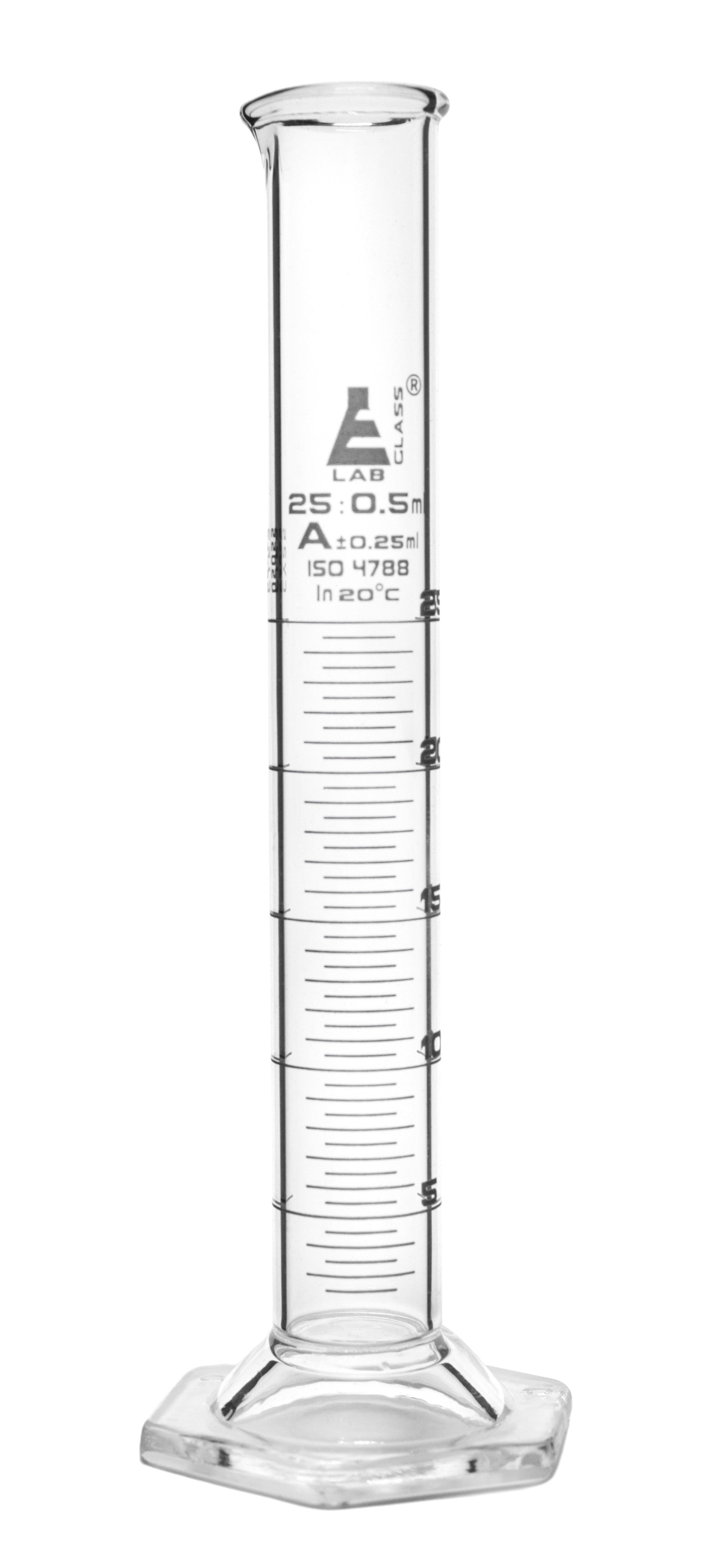 Class A Borosilicate Glass Graduated Cylinder with Hexagonal Base, White Graduations