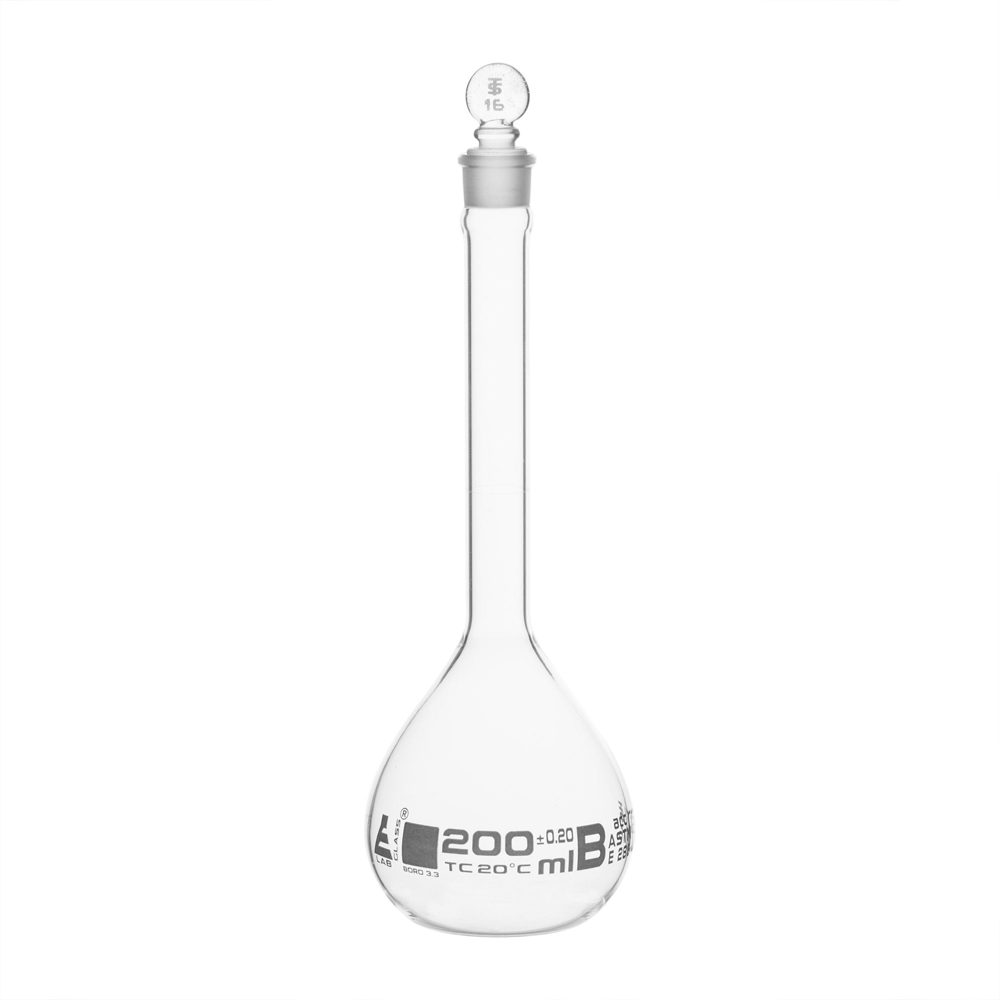 ASTM Class B Borosilicate Glass Volumetric Flask with Glass Stopper, White Graduations