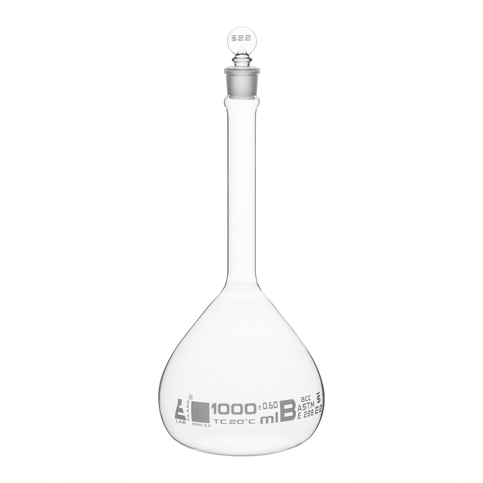 ASTM Class A Borosilicate Glass Volumetric Flask with Glass Stopper, White Graduations