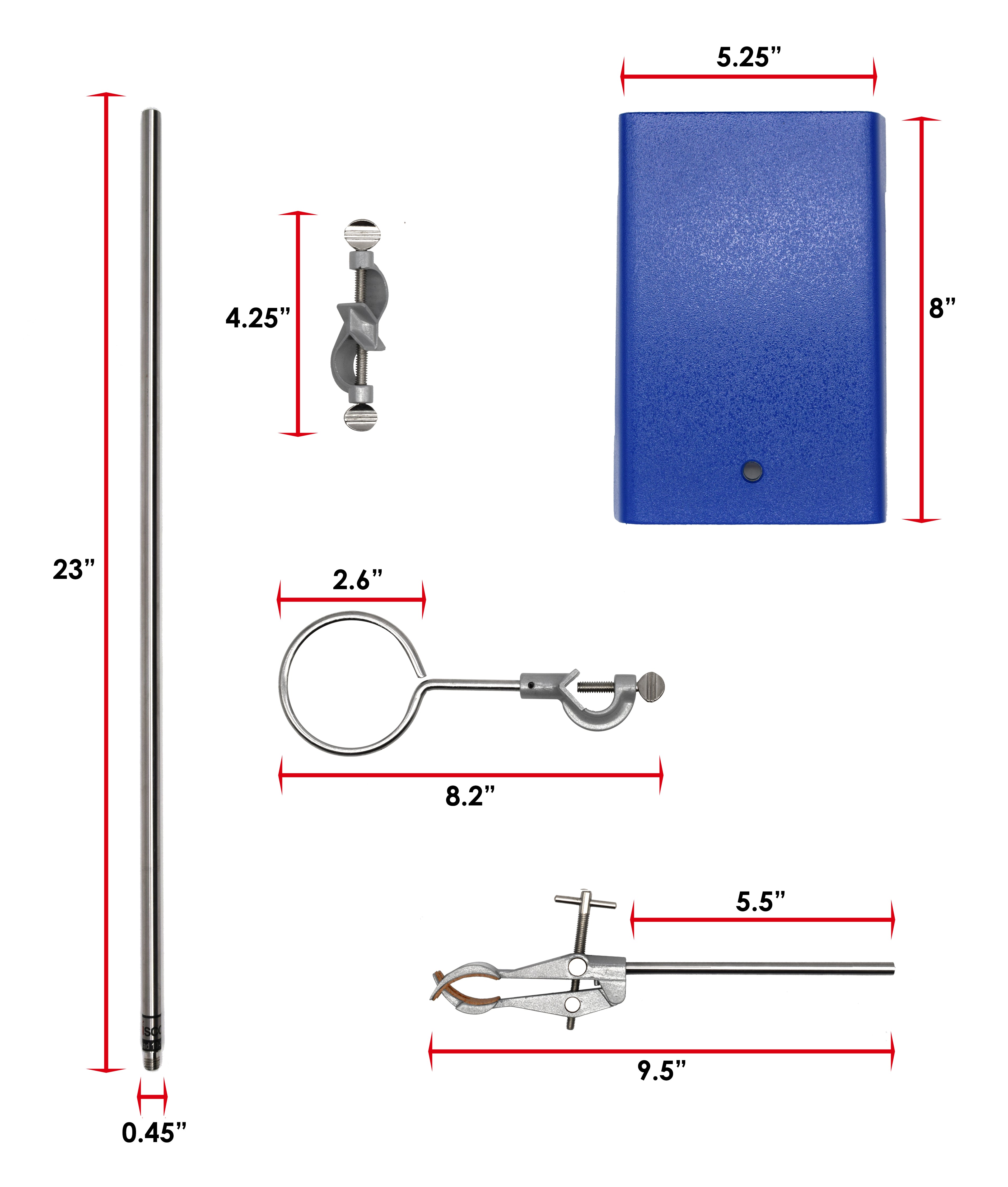 Chemical Resistant Steel Ring Stand Set with Clamp, 8 x 5" Base, 24" Rod