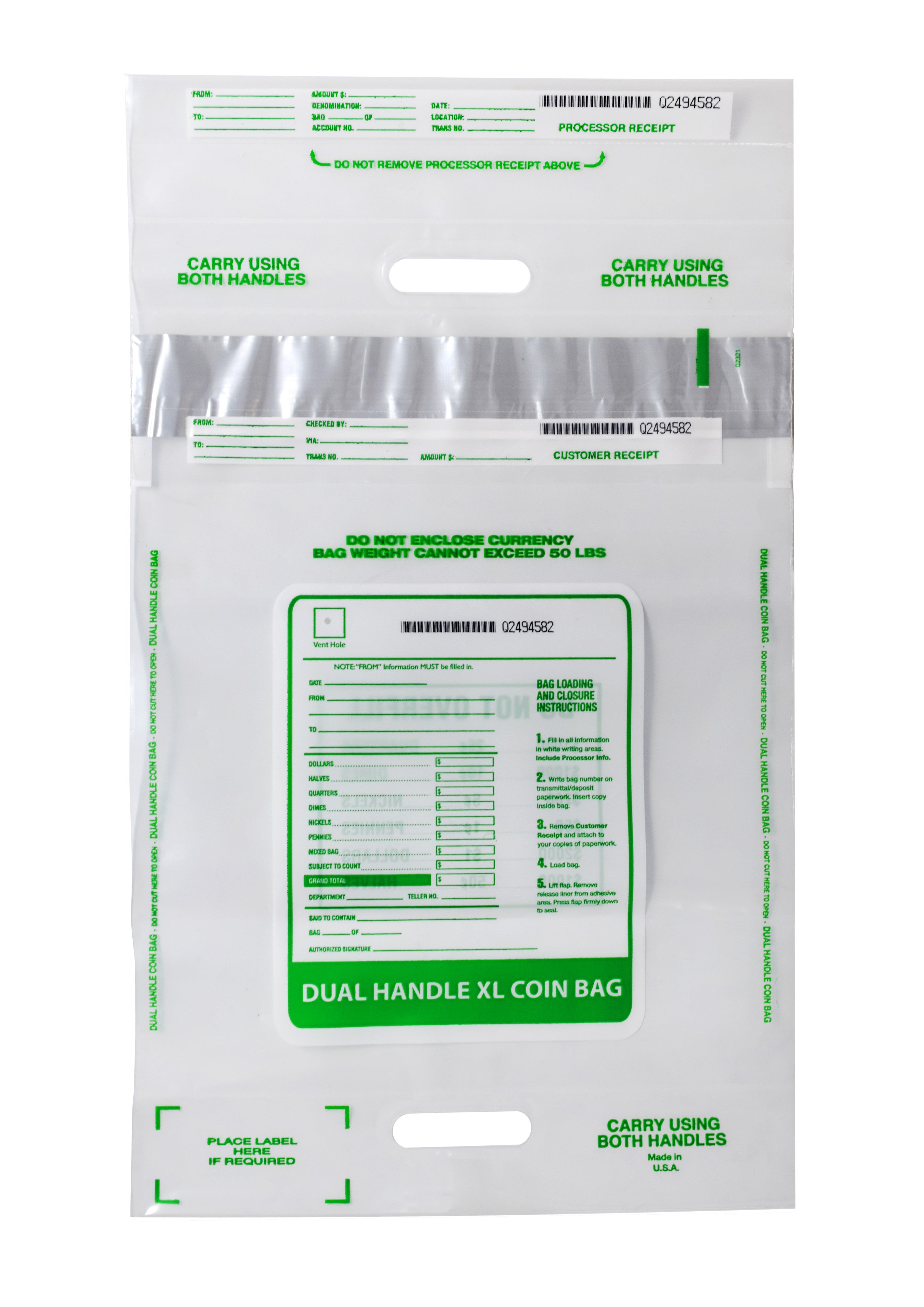 Tamper-Evident Coin Bags with Double Handle, 14 x 24", 50-Pack