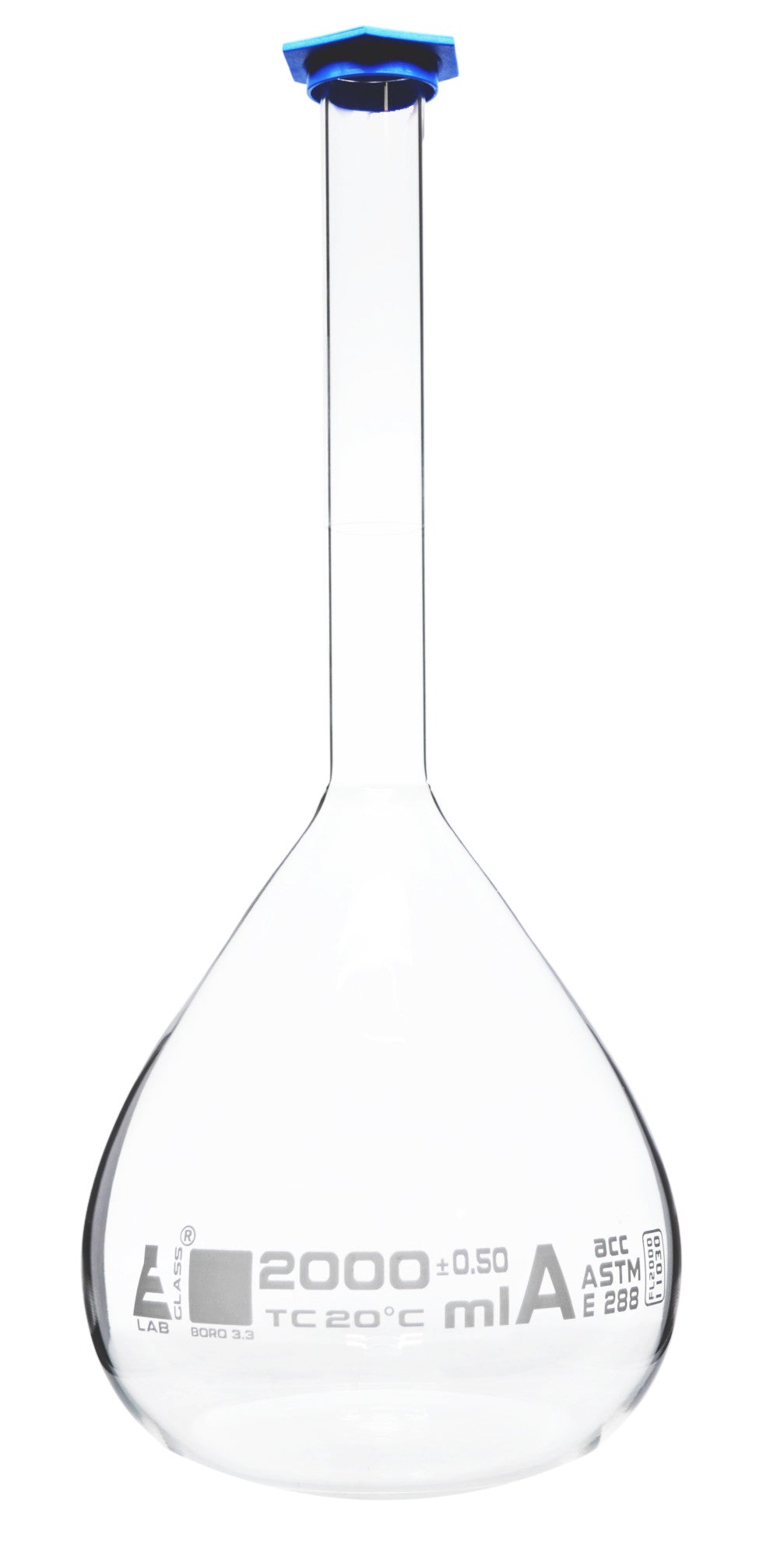 ASTM Class A Volumetric Flask with Snap Cap, 2000mL, Borosilicate 3.3 Glass