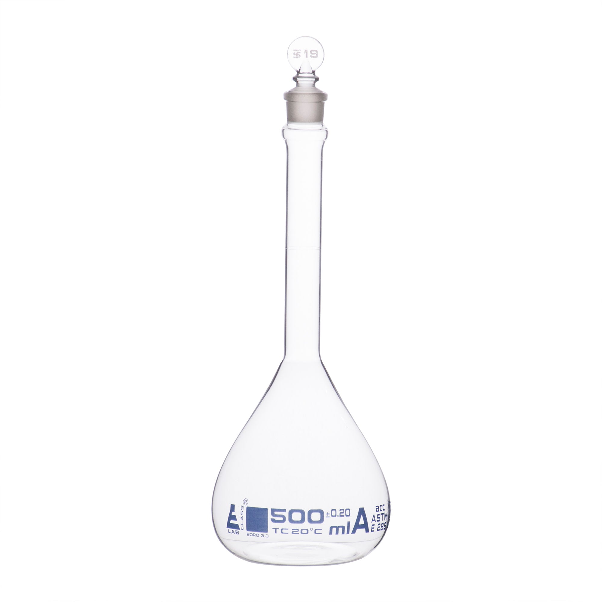 ASTM Class A Borosilicate Glass Volumetric Flask with Glass Stopper, Blue Graduations