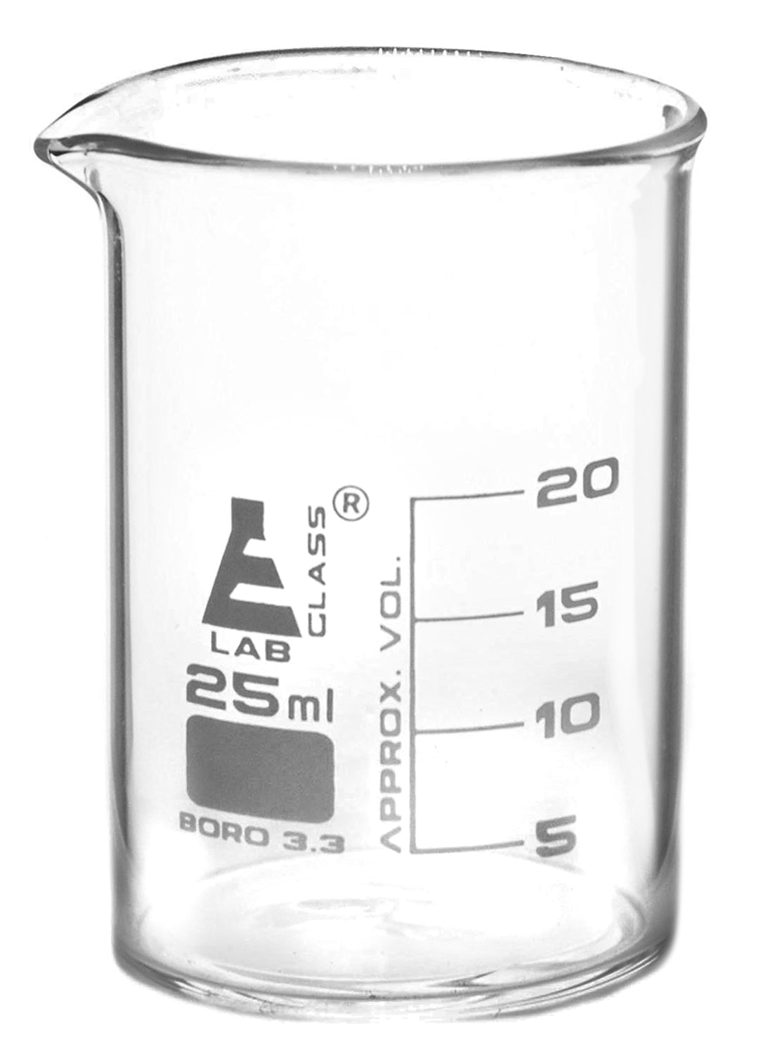 Low Form Borosilicate Glass Beaker with Spout, 25mL