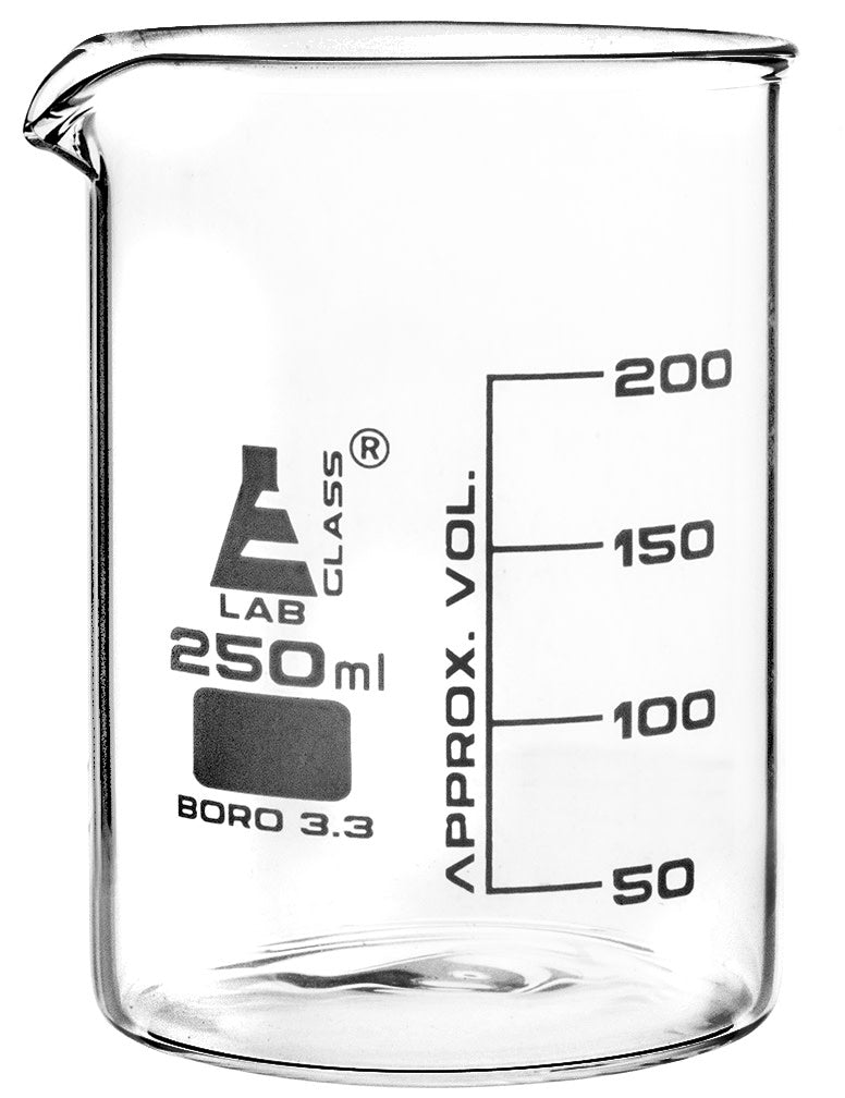 Low Form Griffin Beaker with Spout, 250mL, White Graduations, Borosilicate 3.3 Glass