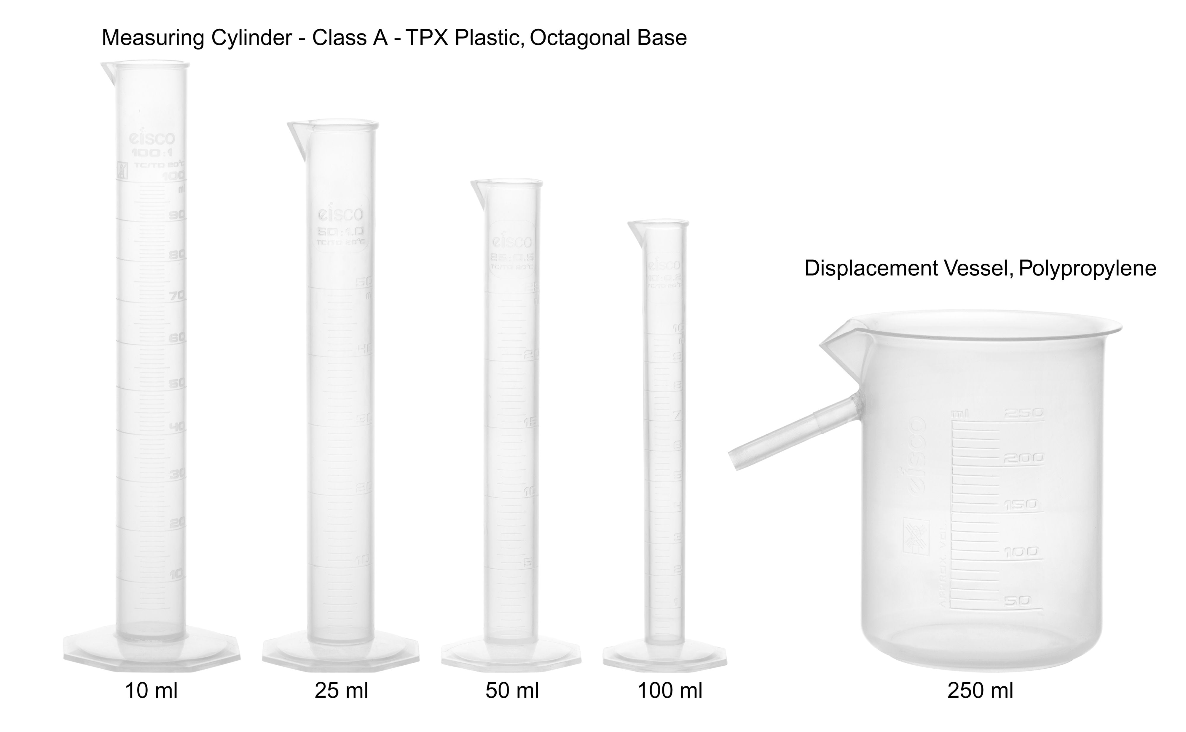 Class B 5-Piece Autoclavable Polypropylene Graduated Cylinder Set with Displacement Vessel, 10/25/50/100 + 250mL