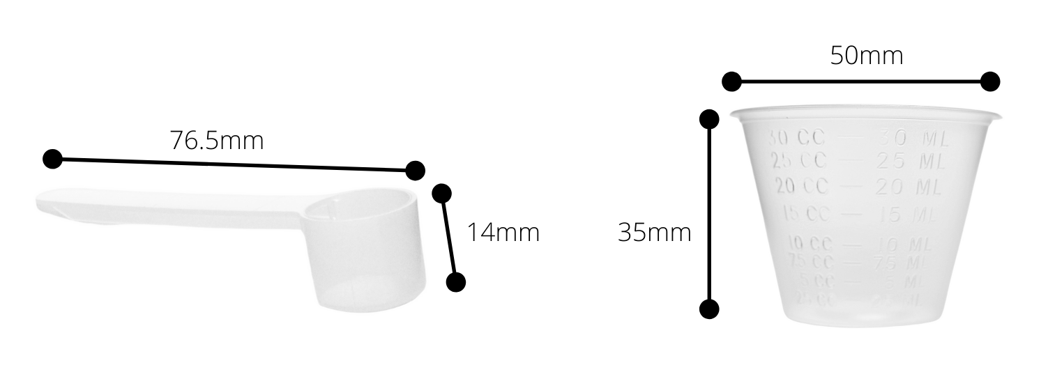 5-Pack Polypropylene Cup and Scoop Set, 25mL Cups and 2.5mL Scoops