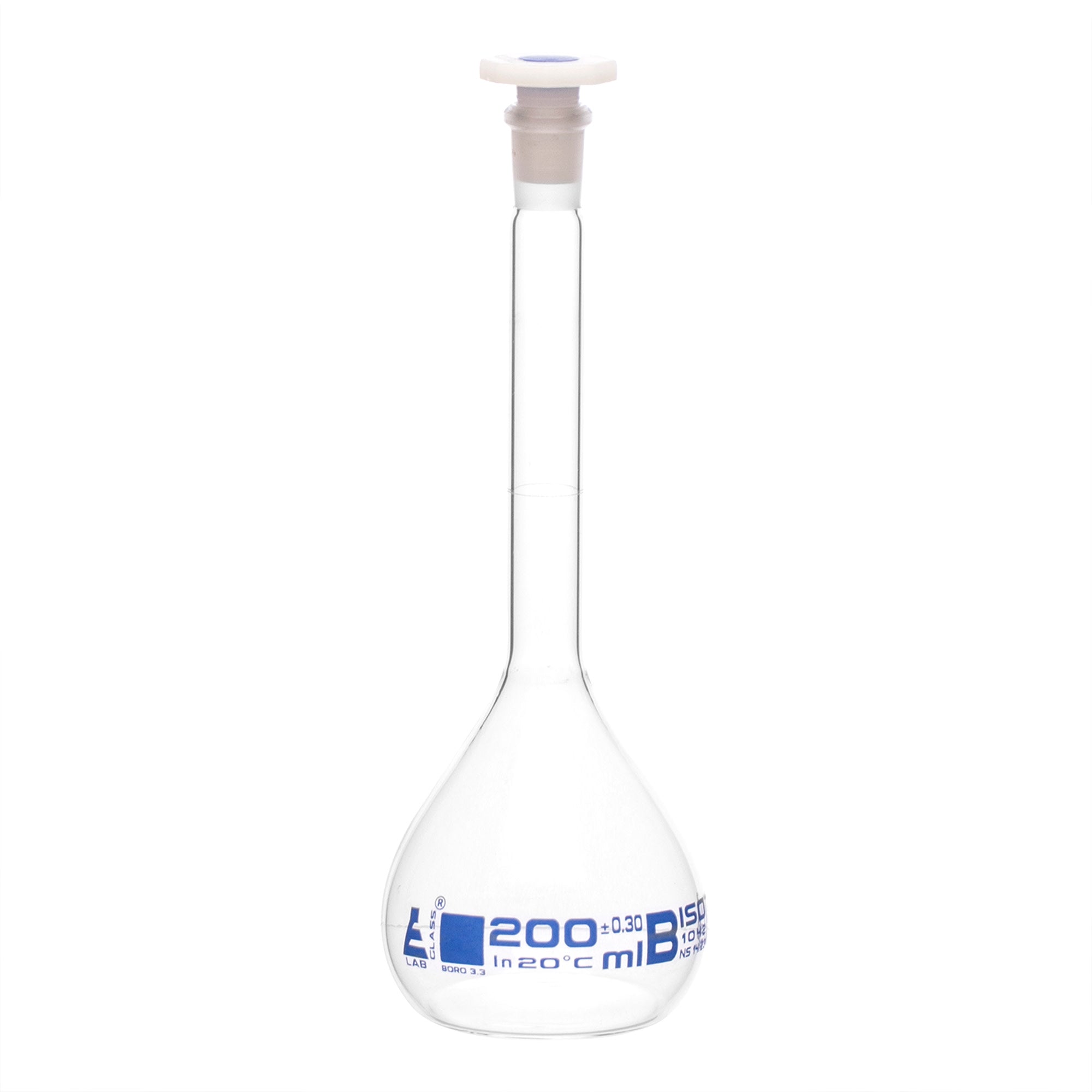 Class B Borosilicate Glass Volumetric Flask with Polyethylene Stopper, Blue Graduations