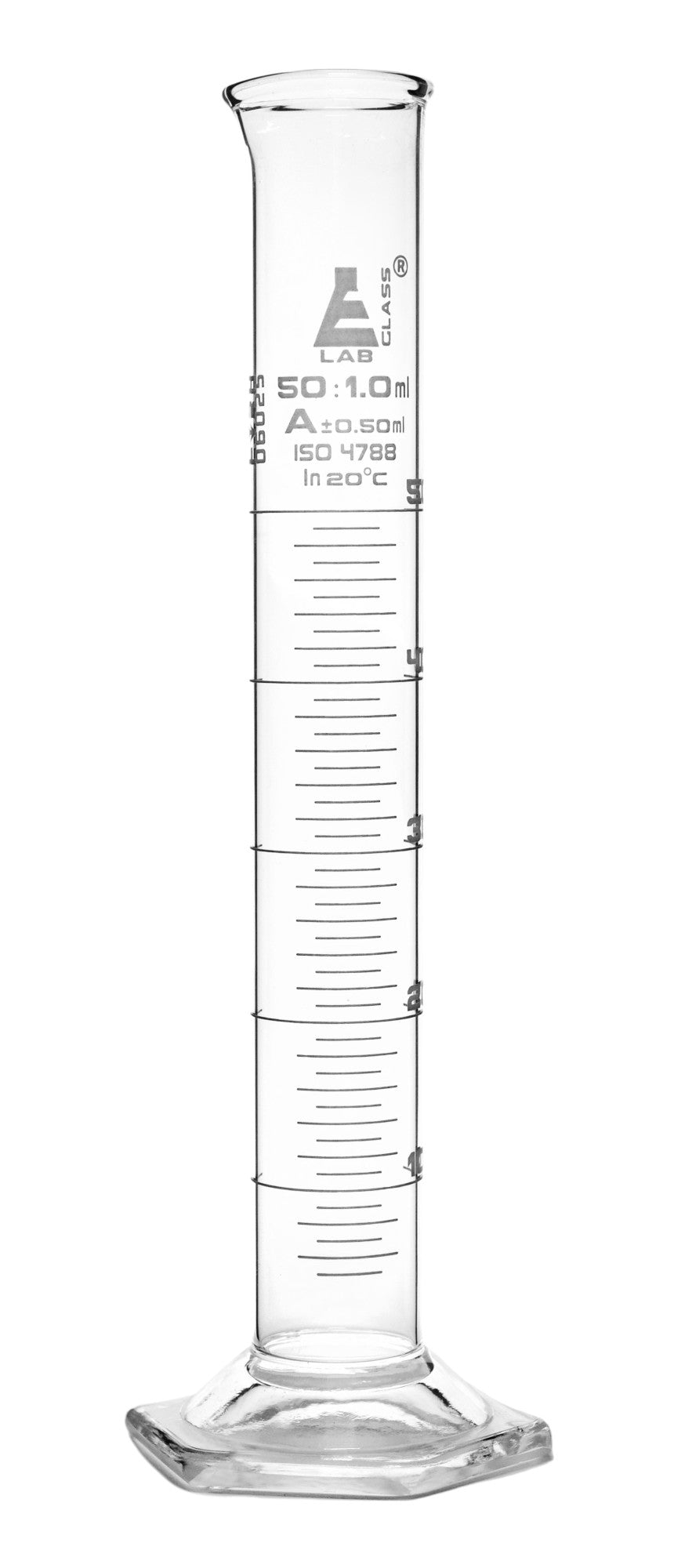 Class A Borosilicate Glass Graduated Cylinder with Hexagonal Base, White Graduations