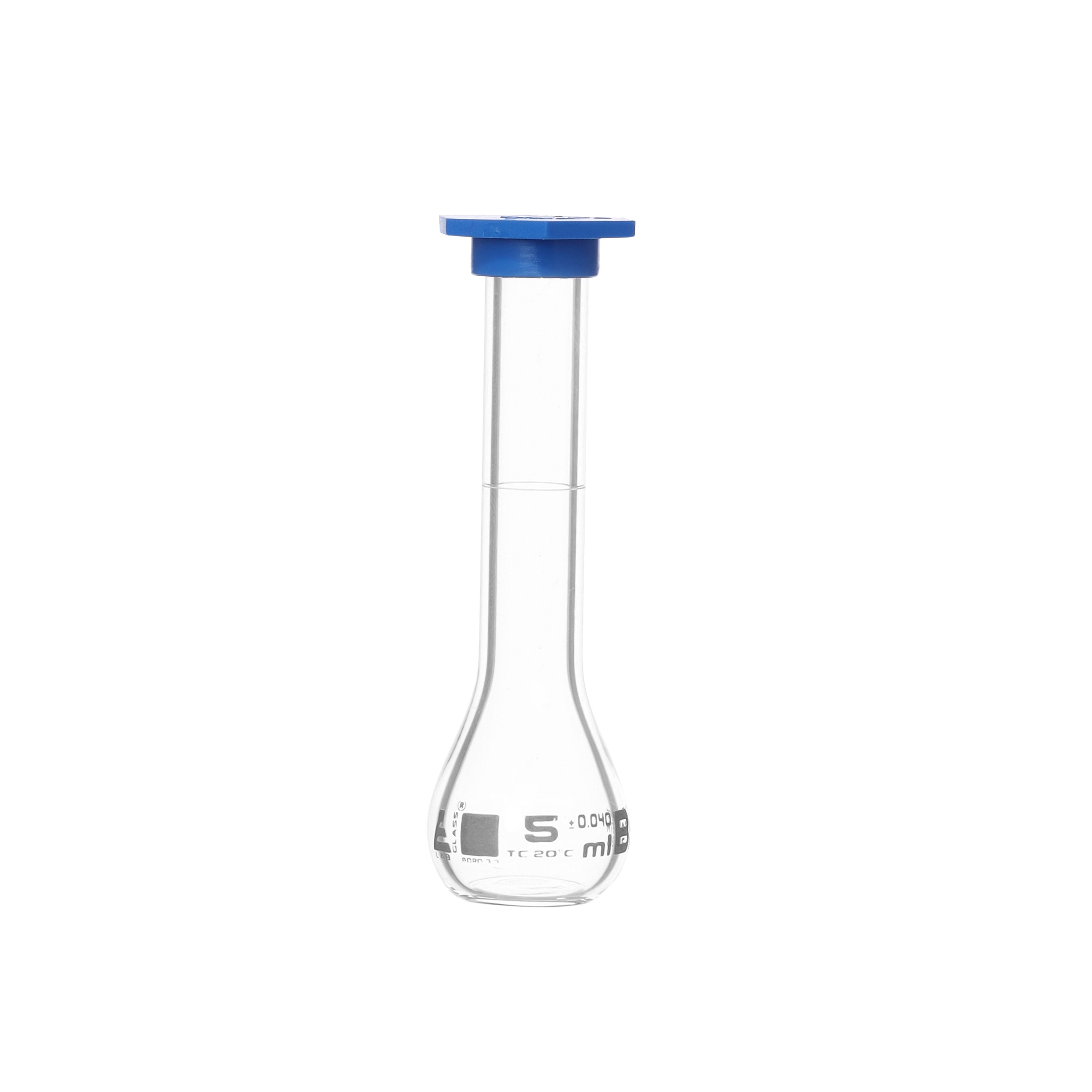 ASTM Class B Volumetric Flask with Snap Cap, 5mL, White Markings, Borosilicate Glass